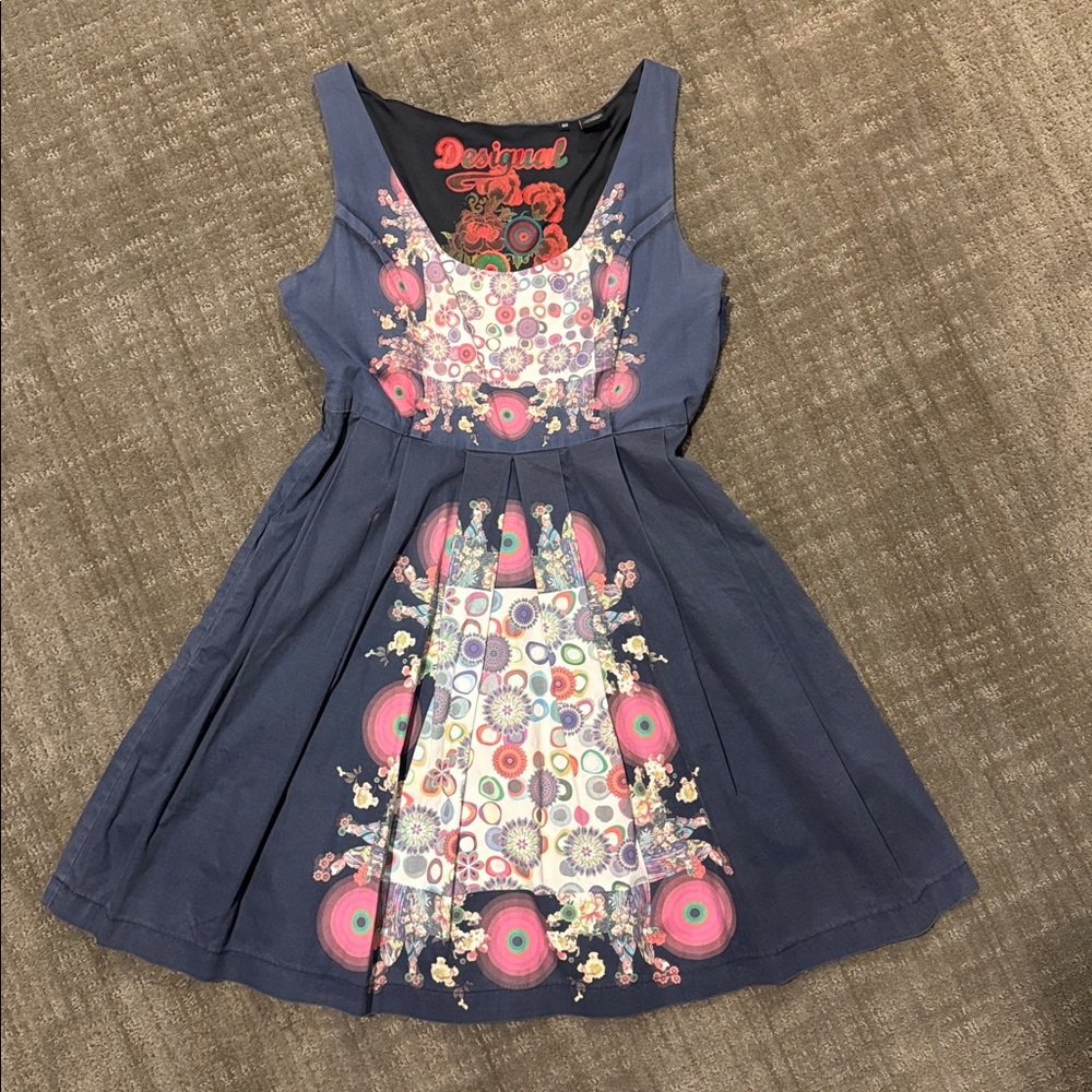 Desigual Navy Dress with Multicolor Patterns, Size 40